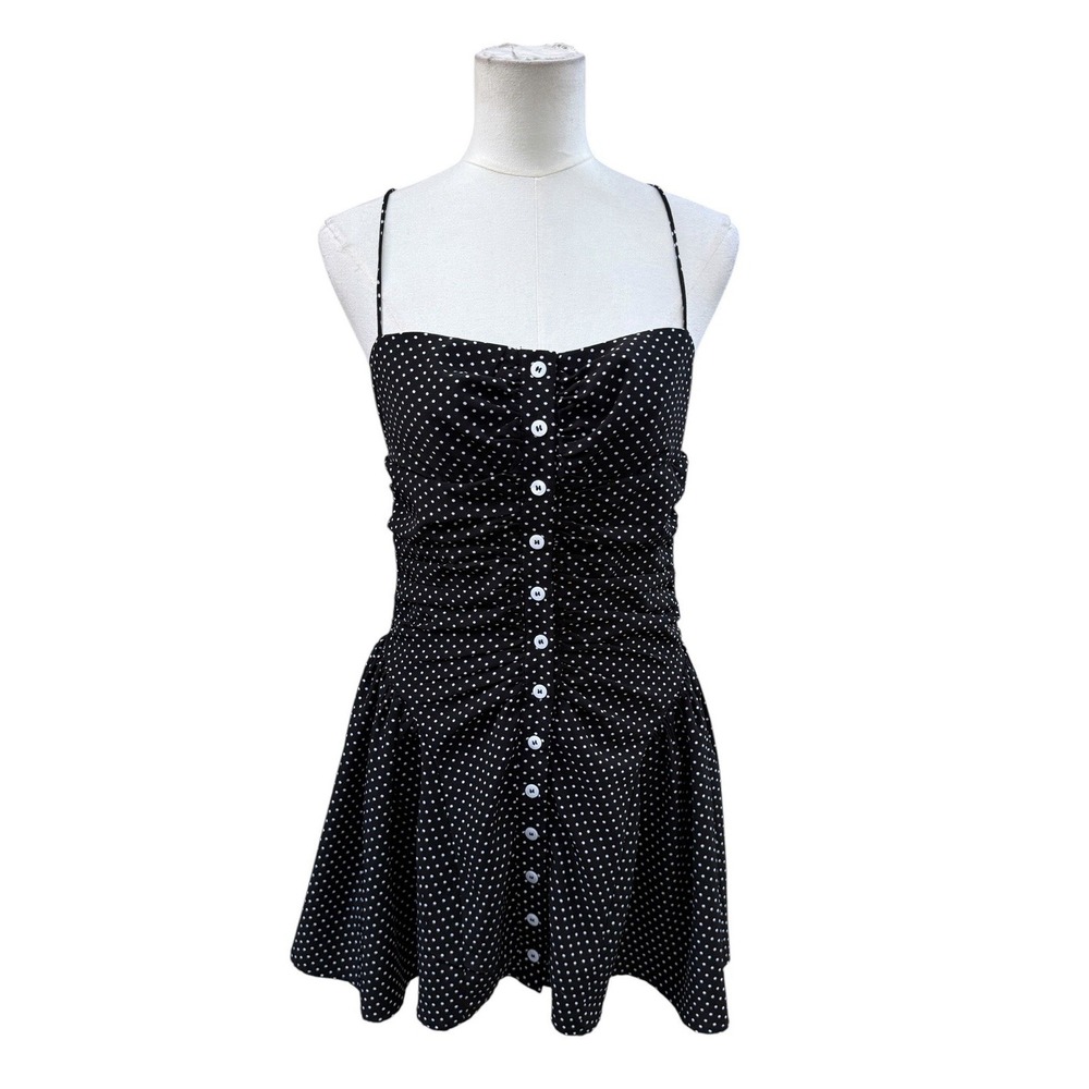 COMMENSE Womens Black White Polka Dot Ruched Button Front Mini Dress M